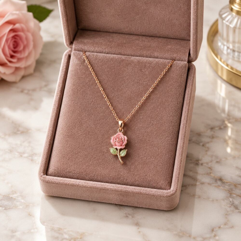 Vintage Gold Rose Pendant Necklace with Green Enamel Leaves